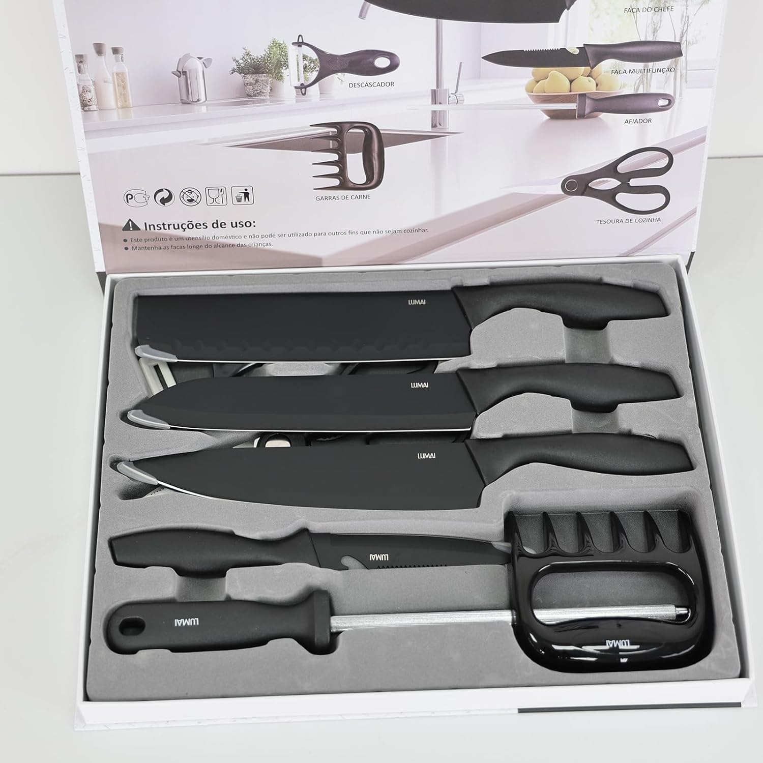 Conjunto de Facas 8 acessórios para Churrasco Cozinha de Aço Inox